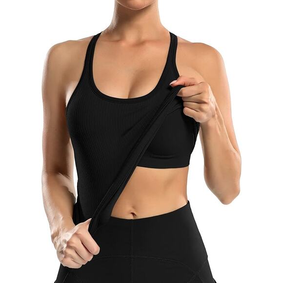 Women's Black Ribbed Workout Tank with Built-In Bra Size Medium - Like New -💪🖤 - Picture 3 of 9
